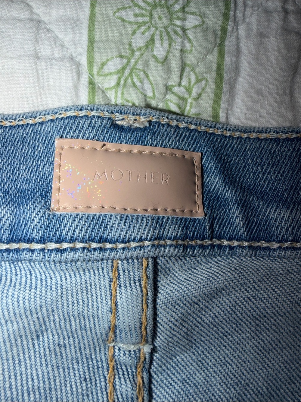 MOTHER Light Blue High-Rise Denim Jeans with Blush Patch